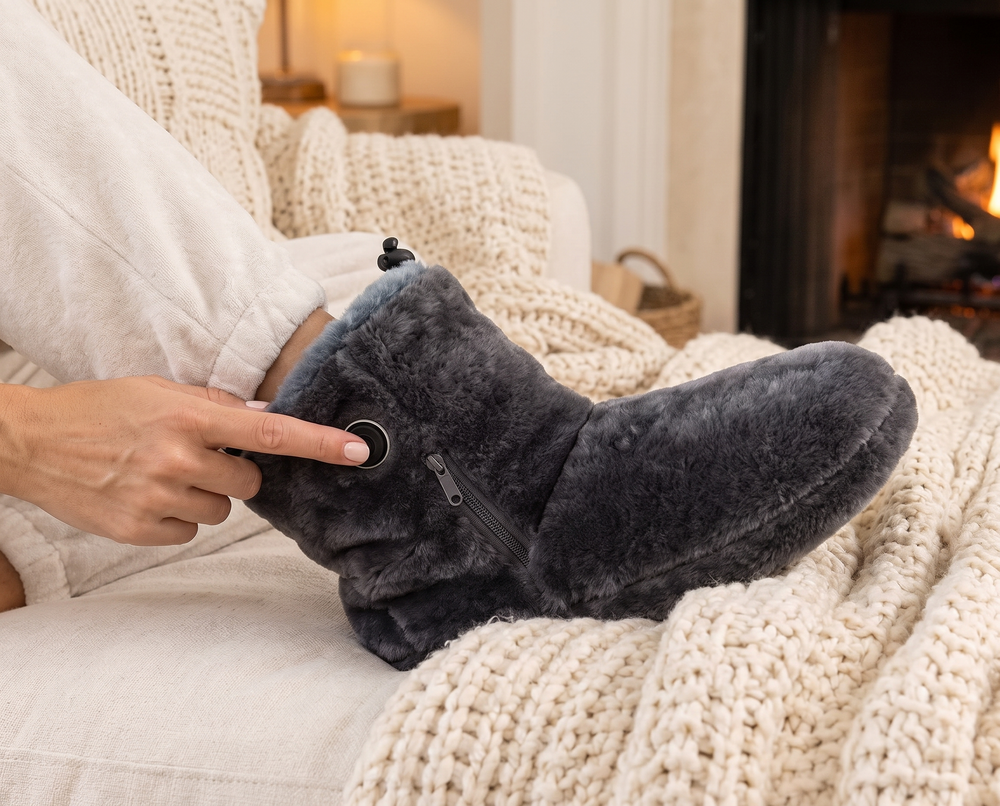 Charcoal heated plush slippers worn while relaxing on a sofa