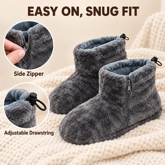 Heated plush slippers showing the side zipper and adjustable drawstring cuff